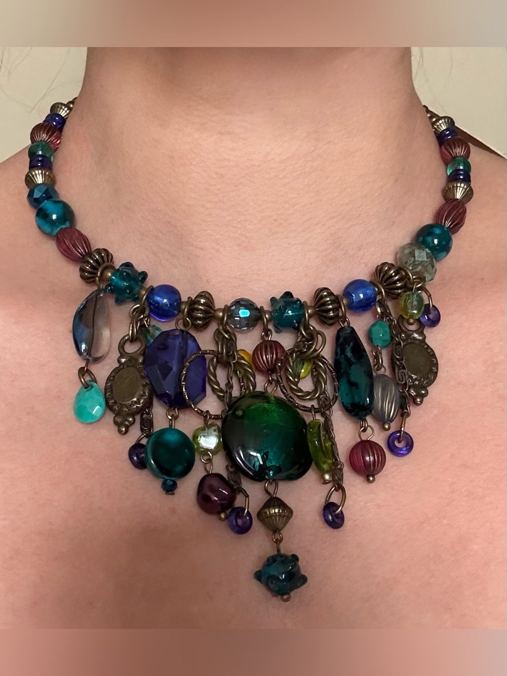 Treska Statement Beaded Chunky Boho Bib Glass Blue Green Purple Necklace